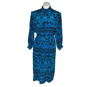 CADAZ Silk Dress Teal Black Geometric Print Tribal 100% Silk Size 8 VINTAGE 80s